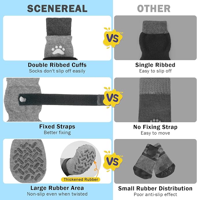 SCENEREAL Anti Slip Dog Socks to Prevent Licking Paws, Dog Shoes for Hot/Cold Pavement, Paw Protector Traction Control on Hardwood Floor, Dog Shoes Booties for Puppy Small Medium Large Senior Dogs