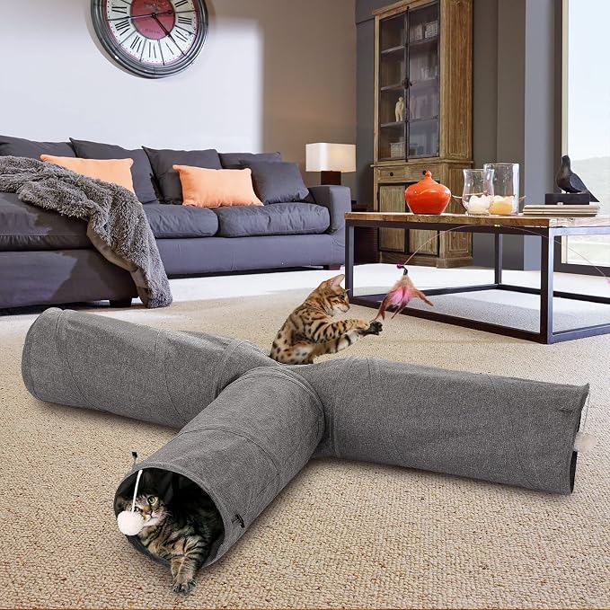 Ownpets 10" Large Cat Tunnel 3-Way T-Shape Oxford Fabric for Large Cat | Silent oxford fabric no noise, expandable 3-channel design, with plush ball ,feather wand, peek hole, for multi-cat household