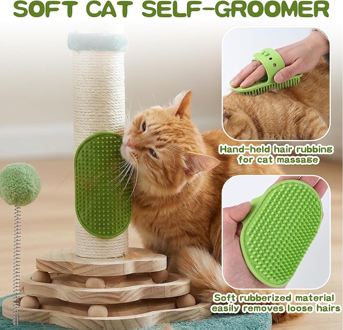 25.6inches Tall Cat Scratching Post, Cute Cat Scratching Post with Interactive Ball Two-Layer Track Spring Ball Toys and Self Groomer for Indoor Cats and Kittens Protect Your Furniture