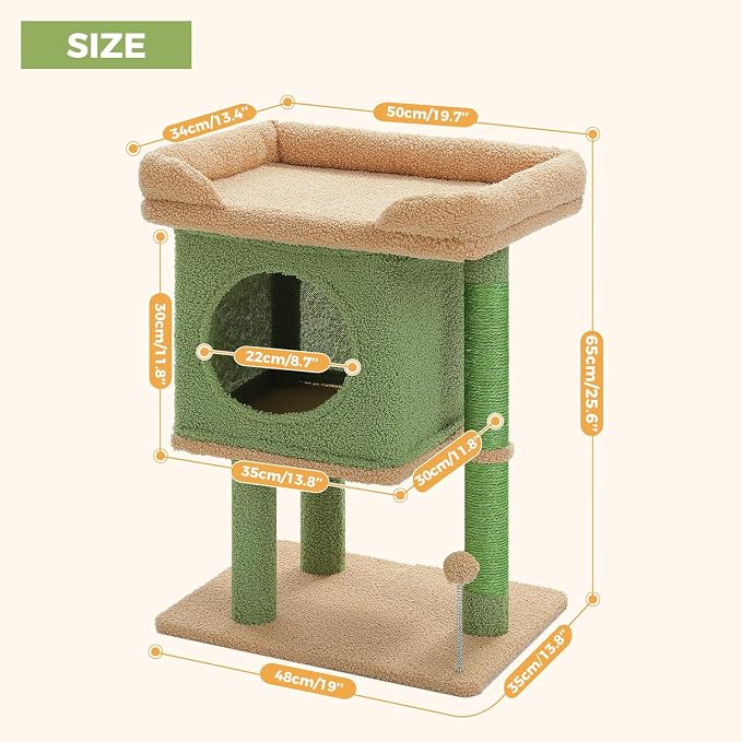 PAWZ Road 26”Cat Tower Cactus Cat Tree for Small Space | Cat Scratching Post with Large Perch 19x13" for 2 Small Cats,Cozy Cat Condo & Spring Ball Compact for Narrow Space & Corner