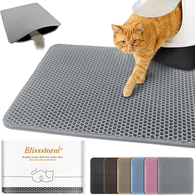 Cat Litter Mat 12"x12",Double Layer EVA litterbox Mat, Gray | Waterproof honeycomb large grid, urine-proof and odor-free. Traps litter, easy cleanup,Washable, non-slip backing