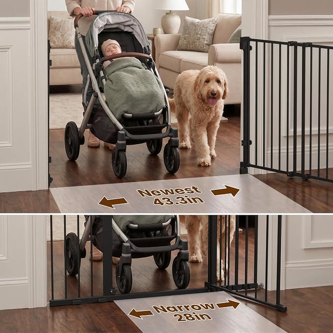 Mumeasy 36" Tall Baby Gate for Stairs, 29.5-43.3" Expandable Hardware Mounted (Drill Needed), Removable No Bottom Bar Dog Gate, Auto Close Wide Walk Thru Safety Gate for Doorways, Pets& Toddlers,Black