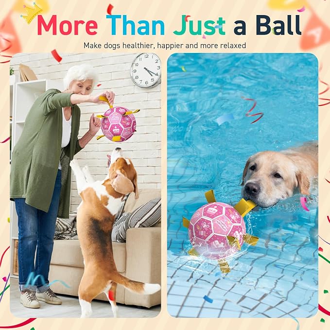 QDAN Dog Birthday Toys, Puppy Gifts, Dog Soccer Ball with Straps, Pink | 8 Inch Outdoor Herding Balls for 30-90 lbs Dogs, Interactive Training Soccer Toy for Tug of War, Dog Ball to Keep Them Busy