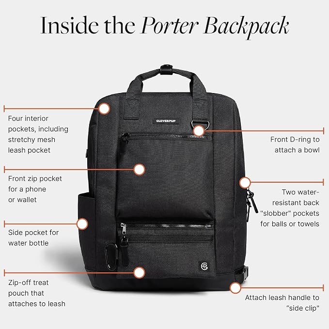 Cleverpup Porter 2-in-1 Dog Gear Backpack – Premium Dog Travel Bag with 10 Pockets, Zip-Off Treat Pouch, Leash Clip, Waterproof Pockets & Water Bottle Holder – Weekend, Hiking, Camping, Graphite