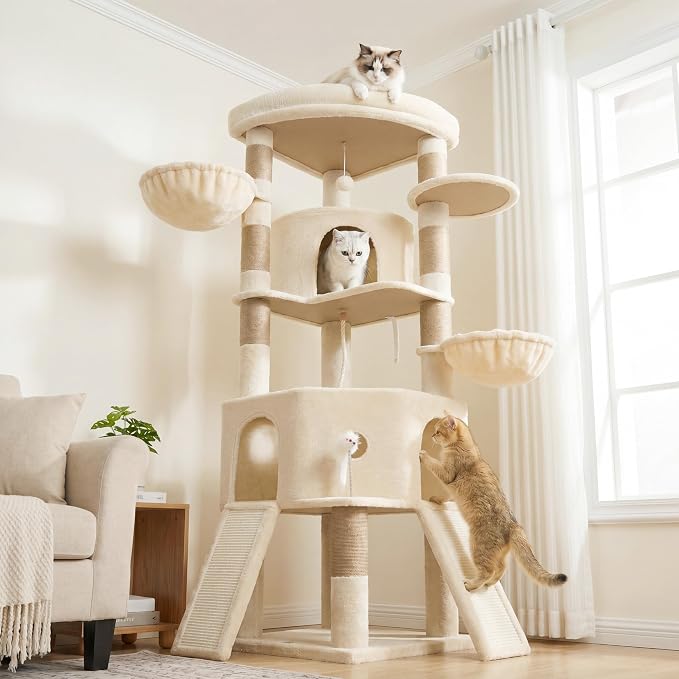 Cat Tree, 73-Inch Sturdy Corner Cat Tower for Large Cat VCT021MJ | Cat Furniture with Wide Top Perch, 2 Spacious Condos, 2 Cozy Baskets, 2 Scratching Boards & Interactive Toy, Beige