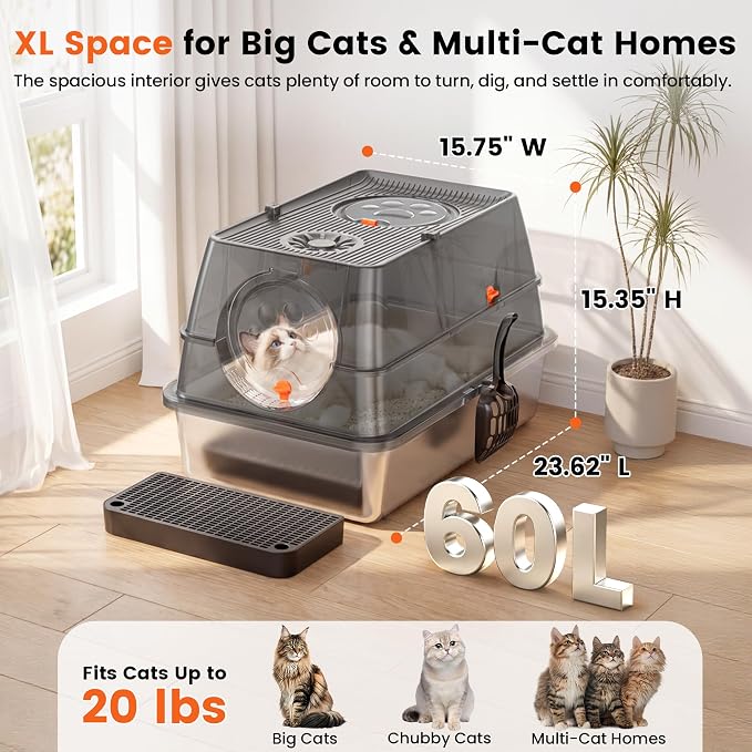 XL Stainless Steel Litter Box with Lid, Enclosed Metal Litter Box | High Sides, Urine and Litter Control, Odor Filter, Flip-Top, Easy-Clean Pan, Scoop & Step, Big Cats, Multi-Cat Homes, Black