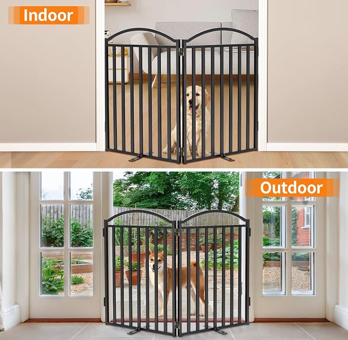 Malier Metal Freestanding Dog Gates, Outdoor Indoor Dog Fences, Extra Wide Foldable Puppy Gate for Stairs, Hallways, Yard