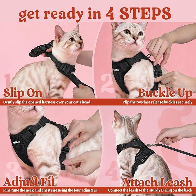 rabbitgoo Cat Harness and Leash Set, Escape Proof Vest, Black | Soft Breathable Mesh, Easy Adjustable Fit, Snap Buckles, Sturdy Clip, Reflective Strips, for Average Cats Walks, S