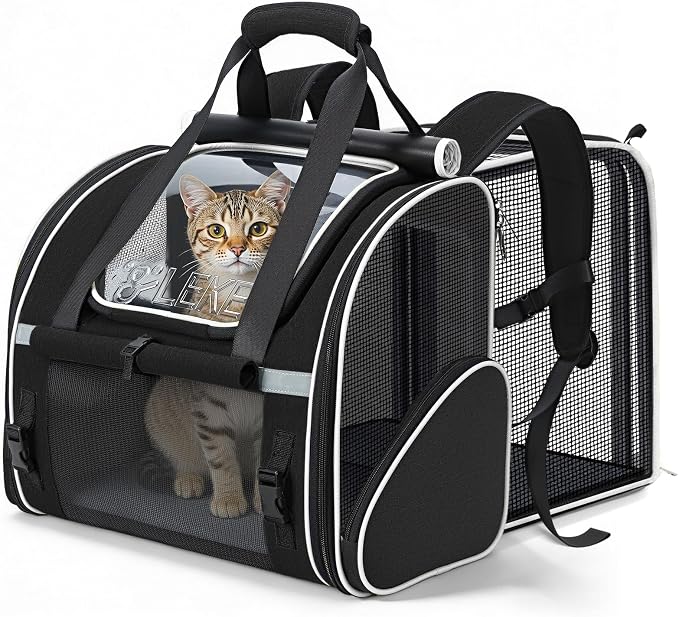 Lekereise Expandable Cat Backpack Carrier for Large Cats and Small Dogs up to 20 lbs, 30% More Bottom Space, Up to 80% More Rear Space, Breathable Mesh, Sun Shade, Safety Leash, Hand Carry, Black