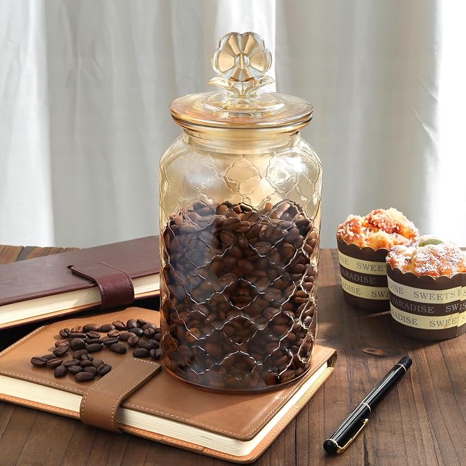 Joeyan 45 oz Amber Glass Storage Jar with Airtight Glass Lids, Vintage Embossed Food Container, Decorative Kitchen Canister Organizer for Candy, Flour, Coffee Bean, Pet Treats