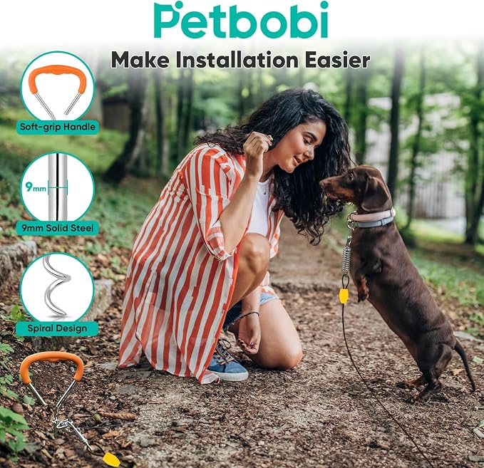 Petbobi Dog Tie Out Cable and Stake, 10ft Heavy Duty Dog Leads for Yard | 4in Shock Spring, 16in Spiral Ground Anchor, 360° No-Tangle Swivel, Chew-Proof Rustproof Wire, Up to 120 lbs, Outdoor Camping
