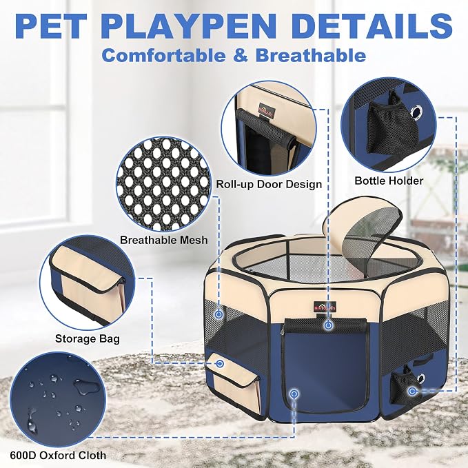 Aivituvin Dog Playpen, Foldable Pet Play Pens with Carrying Bag for Cat, Puppies, Rabbits, Portable Dog Tent Crates Cage for Travel Camping Indoor Outdoor, Removable Shade Cover, Blue S