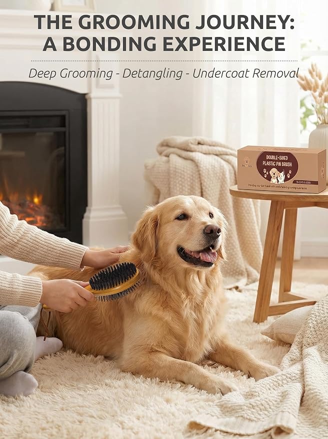 TAKAVU Pin & Bristle Pet Brush for Dogs & Cats, Double-Sided | Grooming Tool Detangles, Removes Loose Hair & Conditions Coat, Soft on Sensitive Skin, Natural Wood Handle Groomer