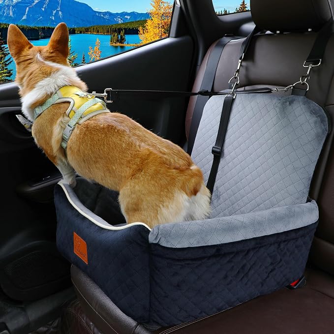 Dog Car Seat Bed 2 in 1 for Small/Medium Dogs up to 35 lbs,Adjustable Safety Leashes,Memory Foam with Soft Fabric Pets Travel Car Bed,Easily Installed in Front and Back seat,Removable and Washable.
