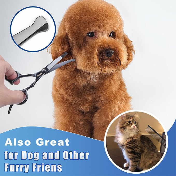Dog Grooming Scissors Kit with Safety Round Tips, GEMEK Professional 5 in 1 Grooming Scissors for Dogs (Black 5 in 1)
