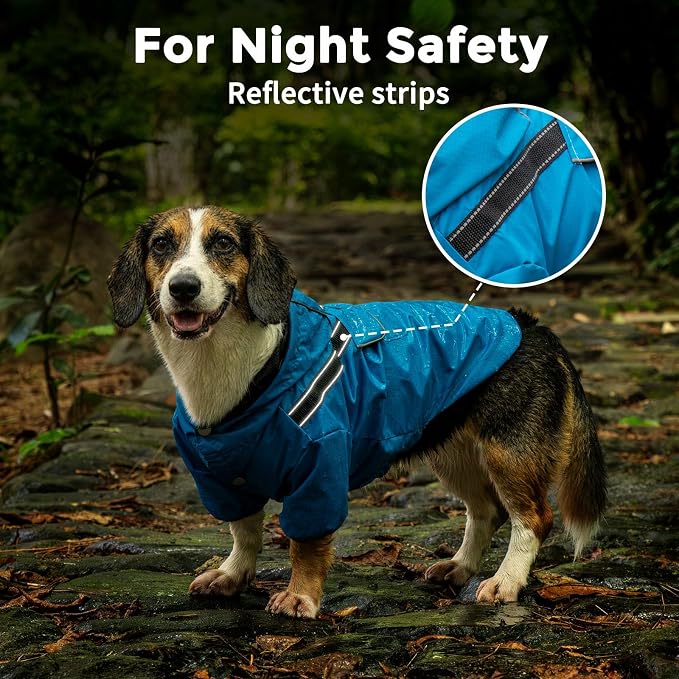 JoyDaog Dog Raincoat with Hood, Waterproof Dog Rain Jacket for Large Dogs | Waterproof dog rain jacket with hood and pockets for rainy walks, outdoor activities and everyday protection,Blue L