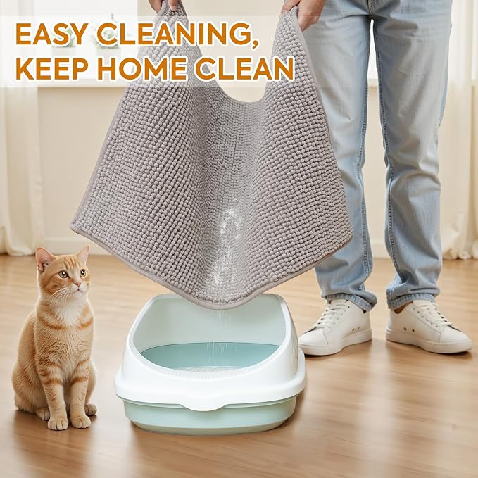 Pieviev Soft Chenille Cat Litter Box Mat, Ultra Absorbent, 28'' x 22'' | Long Plush Chenille Traps Cat Deeply, Waterproof Tpr Anti-Slip Backing, Absorbs Moisture, Machine Washable Cat Mat