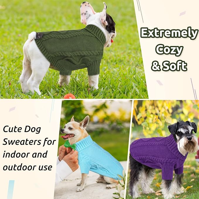 Queenmore Small Dog Pullover Sweater, Cold Weather Cable Knitwear, Classic Turtleneck Thick Warm Clothes for Chihuahua, Bulldog, Dachshund, Pug (Sky Blue, Small)