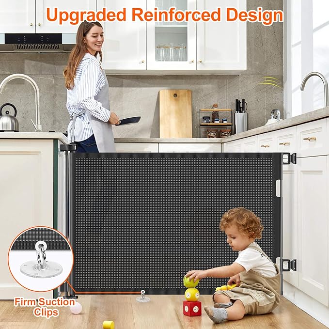 EZIGO 55 Inch Retractable Baby Gates Extra Wide Baby Dog Gate for Stairs | 34 Inch Tall Retractable Dog Gate, One-Hand Operation Mesh Safety Pet Gate for Deck, Porch, Doorways Indoor Outdoor, Black