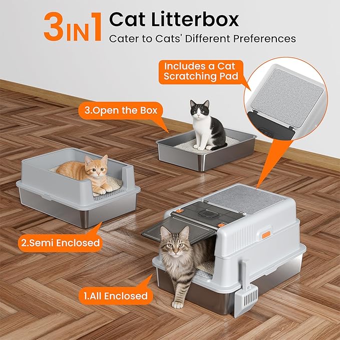 XXXXL Stainless Steel Litter Box with Lid,28.0" L × 20" W × 17" H Extra Large High Sided Cat Litter Box for Multi -Cats,Enclosed Metal Litter Box with Cat Scratcher and Scoop,Grey