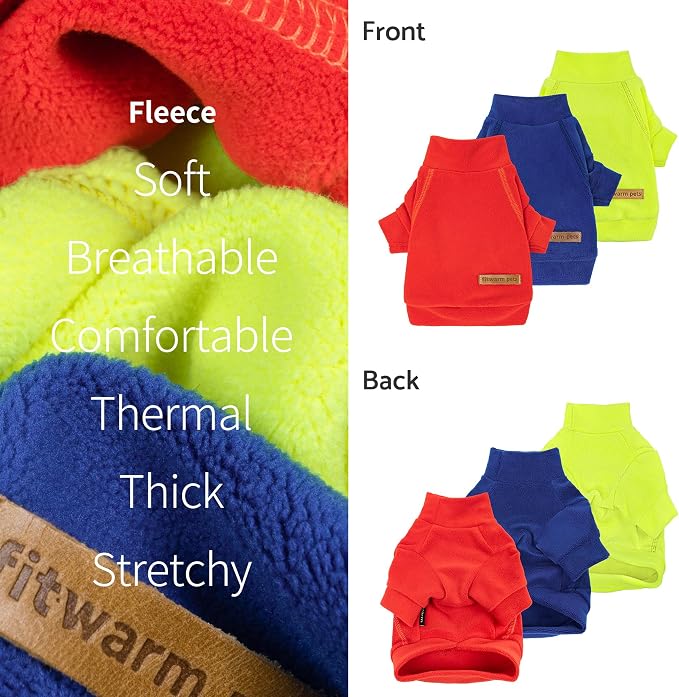 Fitwarm 3 Pack Classic Fleece Dog Sweater, Winter Clothes for Small Dogs Boy Girl, Turtleneck Dog Sweatshirt, Pet Apparel, Orange Red, Royal Blue, Neon Yellow, Large