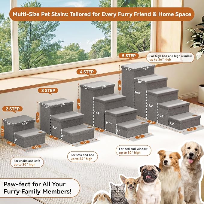 Zerbuger Dog Stairs with Storage, Grey 3 Steps Dog Ramp no Condo for Bed | 18" H Wider Dog Steps for High Beds Couch, Folding Storage Pet Stairs Gift for Climbing Small/Medium/Large Old Dogs Cats