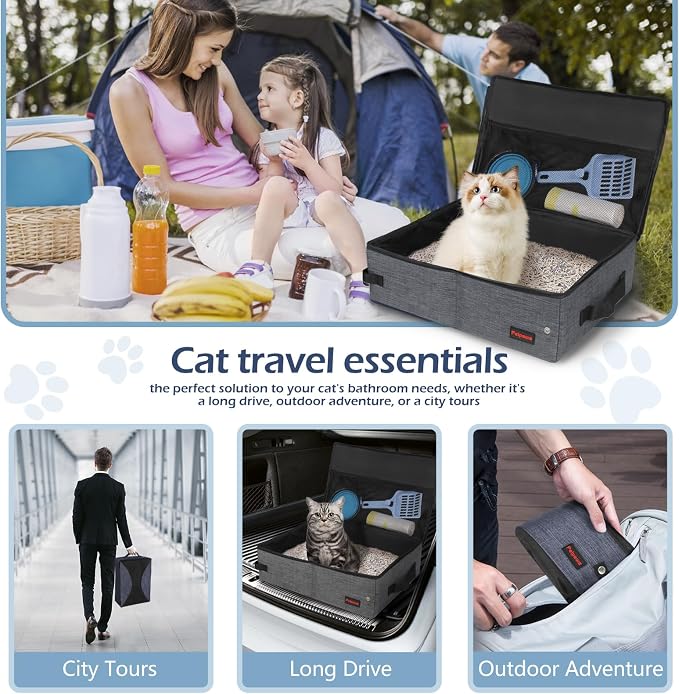 Portable Cat Travel Litter Box. Zipped Lid, Collapsible Litter Box for Cats. No Leakage, No Smell. Easy to Carry. Used for Hotels, Camping, Car (Gray,L)