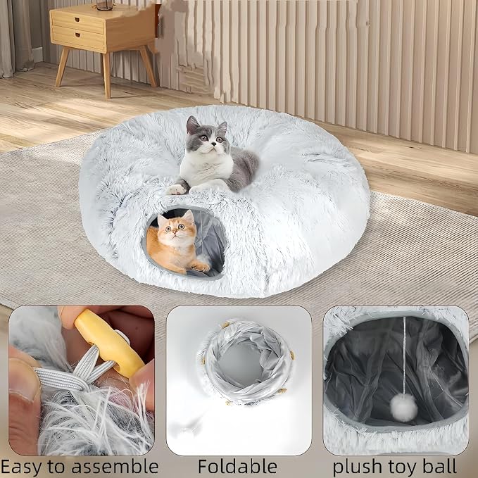 Large Cat Tunnel Bed for Indoor Cats with Hanging Pompom Toys | all-in-one donut cat bed for resting and playing, supports up to 22 lbs (33.46x33.46x11.49, Gray)