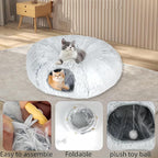Large Cat Tunnel Bed for Indoor Cats with Hanging Pompom Toys | all-in-one donut cat bed for resting and playing, supports up to 22 lbs (33.46x33.46x11.49, Gray)