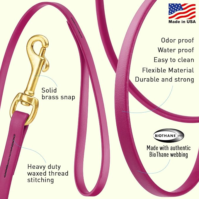 Viper Biothane K9 Working Dog Leash Waterproof Lead for Tracking Training Schutzhund Odor-Proof Long Line with Solid Brass Snap for Puppy Medium and Large Dogs, 33ft Magenta Pink