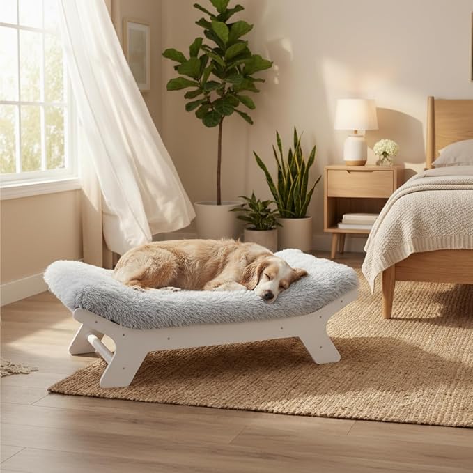 Muihood Elevated Wooden Dog Bed with Foam Mattress, White, X-Large | Raised Dog Bed with Washable Cover, Supportive Foam Mattress, Perfect for X-Large Dogs and Indoor Living