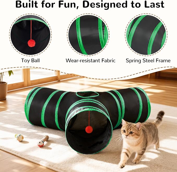 Tempcore Cat Tunnel for Indoor Cats, 3 Way Collapsible Pet Play Tunnel with Teaser Wand, Peek Holes & Hanging Ball, Interactive Tube for Kittens & Rabbits, Black & Green