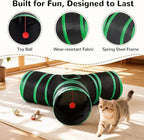 Tempcore Cat Tunnel for Indoor Cats, 3 Way Collapsible Pet Play Tunnel with Teaser Wand, Peek Holes & Hanging Ball, Interactive Tube for Kittens & Rabbits, Black & Green