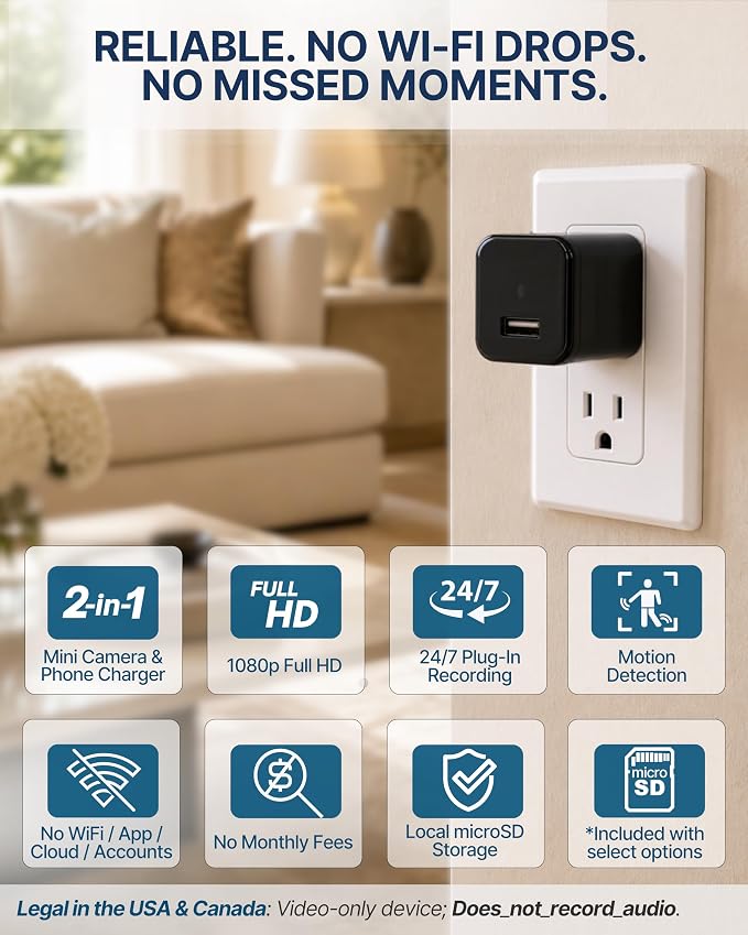 Plug-in Full HD Dome Camera - Premium Reliable 1080p Pet Cam with Motion Detection – Easy No-WiFi Setup & Data Protection – Ideal for Pet Nanny Use, with 32GB Card