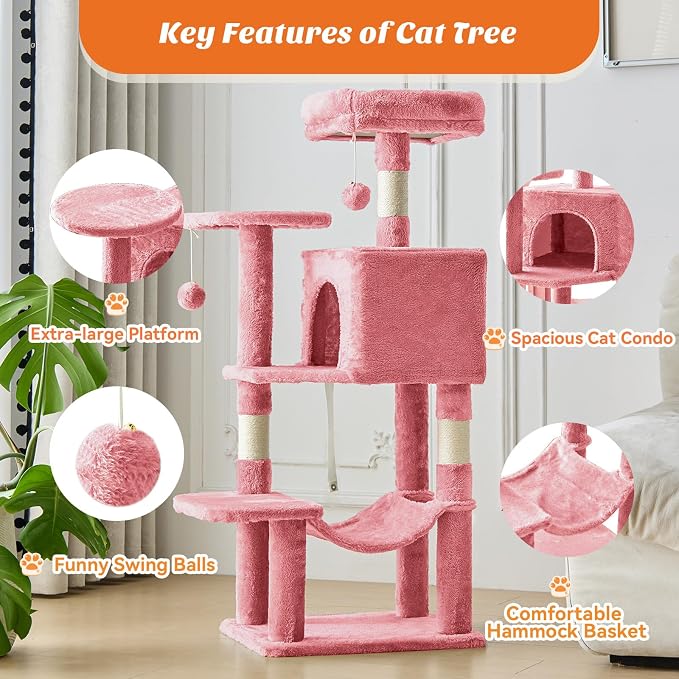 DUMOS Small 44 Inch Cats Tree Tower with Scratching Posts, Pink | Cat Climbing Tower with Hammock, Pet Condo for Indoor Cats and Kittens Play