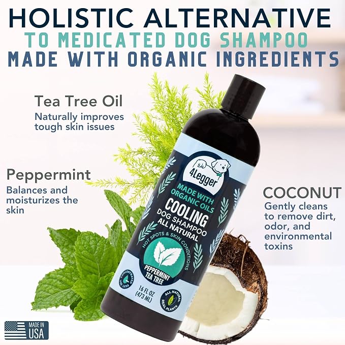 4Legger Organic Dog Shampoo, Cooling Peppermint Tea Tree Dog Shampoo for Skin Conditions and Hot Spot - 16 oz