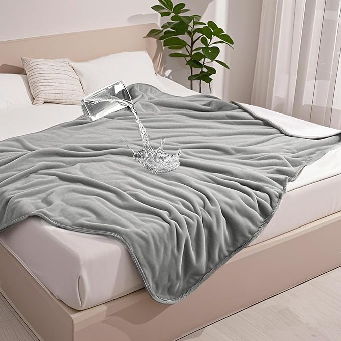 gogobunny Waterproof Bed Blanket, Reversible Sherpa Fleece Throw Blanket for Dog Puppy Cat, Furniture Cover Protects Bed Couch Sofa from Liquid Pee and Pet Fur (Grey, 90x108 inches)