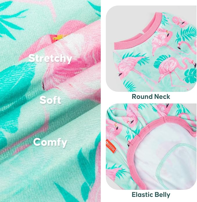 KYEESE Velvet Dog Pajamas Soft Onesie Shirt for Daily Wear, Flamingo | 4-Way Stretch, Lightweight & Breathable, Reduces Shedding, Gentle on Sensitive Skin, Recovery Support, Easy Potty Breaks