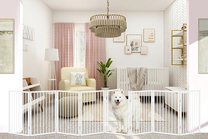 Vantas 160" x 32" Foldable Freestanding Extra Wide Dog Gate with Door,White | Freestanding Dog Gate for Stairs and Doorways, Renter Friendly No Drill, Extra Wide, Easy Storage, With Support Feet