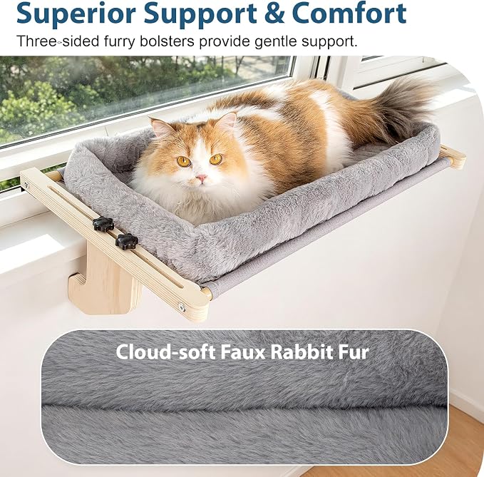 Cat Sill Window Perch - 100% Natural Pine Frame, Soft Plush Fleece Cushion, Tool-Free Adjustment, Supports 55 lbs (Extra Large-Grey)