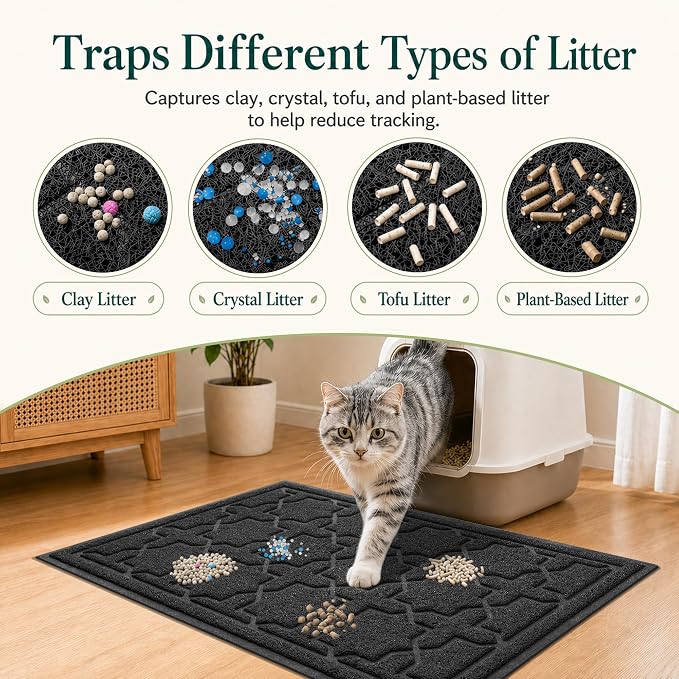 Yimobra Cat Litter Mat, Easy Clean Trapping PVC Mat, 47" x 36", Waterproof Backing, Non Slip Bottom, Scatter Control Pad for Litter Box, Black