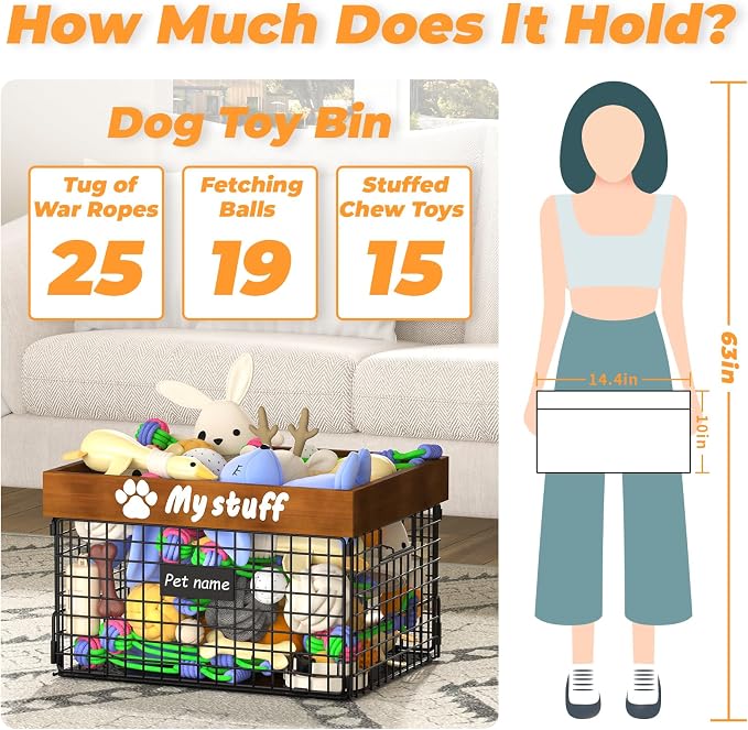 Dog Toy Bin Toy Basket Metal Storage Box with Handles Dog Organizer Chew-Proof Dog Toy Box Blankets Leashes Chest Puppy Dog Toy Storage Wood Metal Container Home Decor Pet Toys Dog Cat