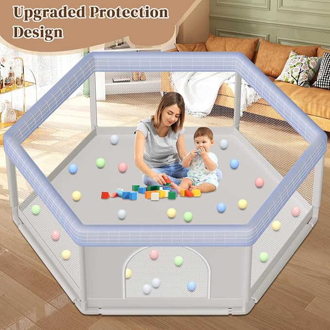 Hiaksedt Large Baby Playpen 65x65 Inch, PlayPen for Babies and Toddlers | Hexagonal Type Baby Play Yards for Indoor & Outdoor with Breathable Mesh Anti-Fall