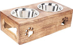 Wooden Dog Cat Pet Feeder Station Stand with 2 Stainless Steel Bowls | Raised Cat Bowl Dogs Bowl Elevated Cat Dog | Pet Dining Table for Cats and Puppy | 16 x 8.5 x 5 Inches