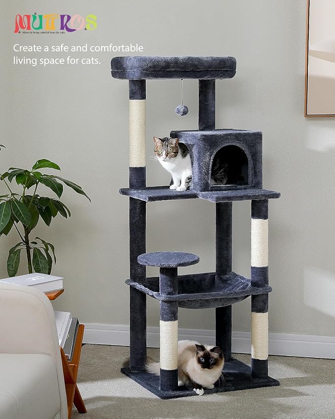 MUTTROS Cat Tree for Large Cats with Metal Plush Big Hammock, 56.3" Cat Tower for Indoor Cats with 2 Door Condo House, 6-Tier Cat Shelves with Scratching Posts and Large Top Perch, Dark Gray | 6-tier shelves, Metal plush hammock, 2-door condo house, Si...