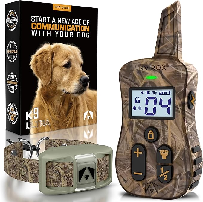 INVIROX Dog Shock Collar [Ultra K9] 124 Training Levels, 4 Powerful Modes with Night-Light and ¾ Mile Range 100% Safe Dog Training Collar for Large Dogs IP67 Waterproof (Camouflage)