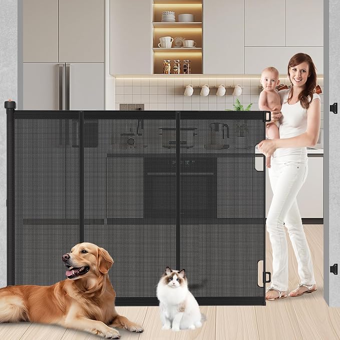 Extra Tall Retractable Baby Gates: 51" High Pet Gate, Extend up to 71" Wide, Mesh Baby Gate with Support Rods Jump-Proof Design for Cats & Large Dogs Tall Dog Cat Gate Indoor Outdoor, Black