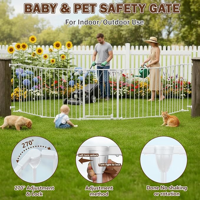 Mumeasy 126" Extra Wide Baby Gate for Doorways, Stairs & Fireplace, Indoor | Auto Close Safety Dog & Pet Gate with Walk Thru Door, Childproof Fence for Hallway Kitchen House Outdoor,5 Metal Panels,White