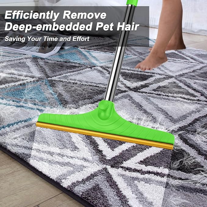 Carpet Rake for Pet Hair Removal, Green | Reusable Pet Hair Remover, 60" Adjustable Long Handle, Carpet Scraper for Dog Cat Hair, For Rugs, Mats, Couch, Furniture