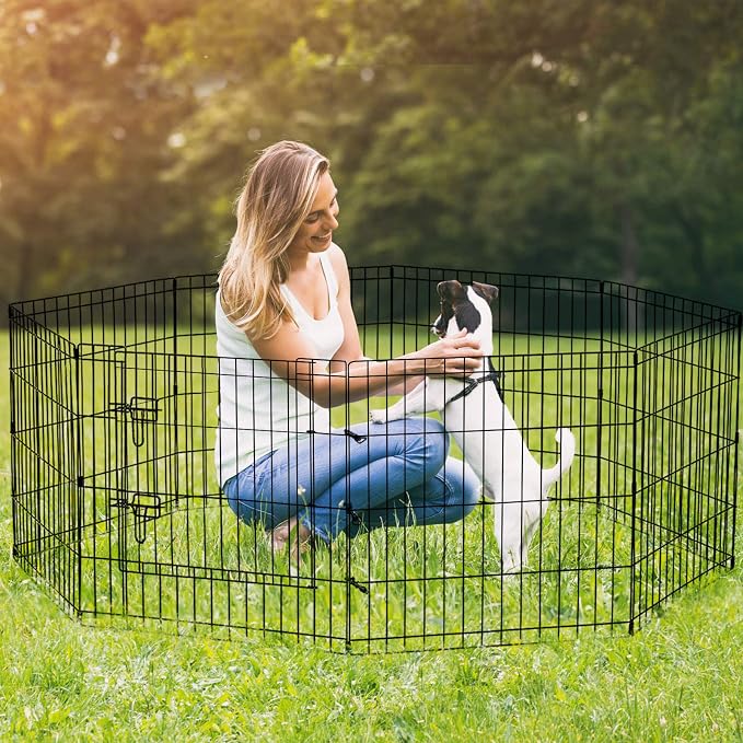 Puppy Pet Playpen 8 Panel 24 Inch Indoor Outdoor Metal Portable Folding Animal Exercise Dog Fence Ideal for Pet Animals Dog Cat Rabbit Breed Puppy (24" x 24" x 8) | Rustproof 8-panel metal playpen with door folds flat, sets up tool-free, and forms mult...